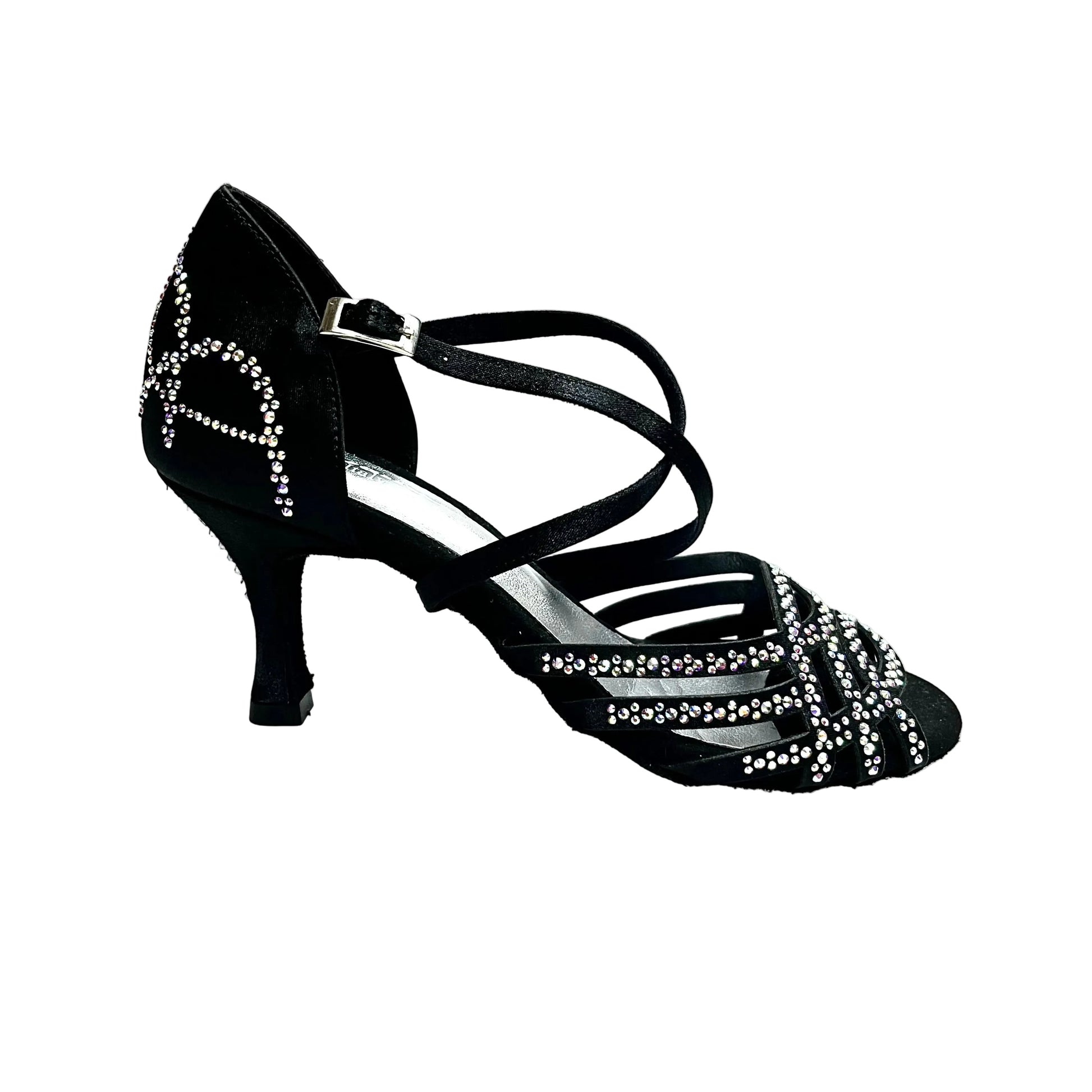Scarpa donna Carolin QC Marea L14 in raso seta nero con Swarovski boreali, tacco a rocchetto slim basso, linea Bi-Flex.