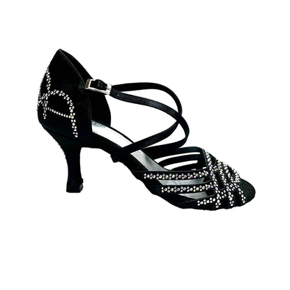 Scarpa donna Carolin QC Marea L14 in raso seta nero con Swarovski boreali, tacco a rocchetto slim basso, linea Bi-Flex.