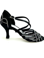 Carica immagine nella Galleria, CAROLIN QC (Marea L14) - Scarpa Da Donna Linea Bi-Flex in Raso Seta Nero Corvino Con Swarovski Boreali e Tacco a Rocchetto/Slim Latino Basso
