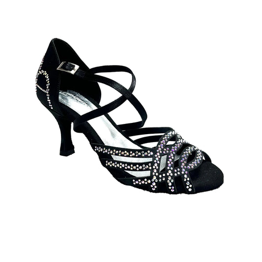 Scarpa da donna Carolin QC Wish Dance Shop in raso seta nero corvino, con Swarovski Boreali e tacco slim basso.