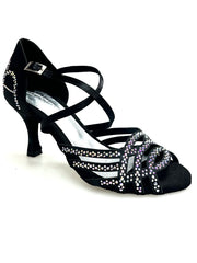 Carica immagine nella Galleria, CAROLIN QC (Marea L14) - Scarpa Da Donna Linea Bi-Flex in Raso Seta Nero Corvino Con Swarovski Boreali e Tacco a Rocchetto/Slim Latino Basso
