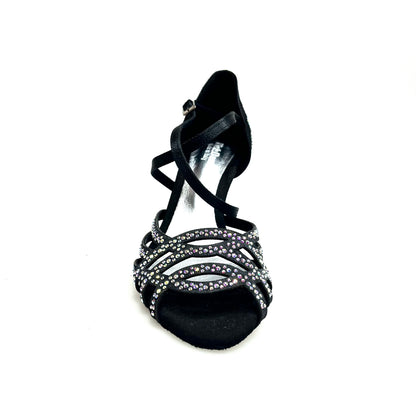 Scarpa da donna Carolin QC Marea L14 in raso seta nero con Swarovski Boreali e tacco a rocchetto slim basso