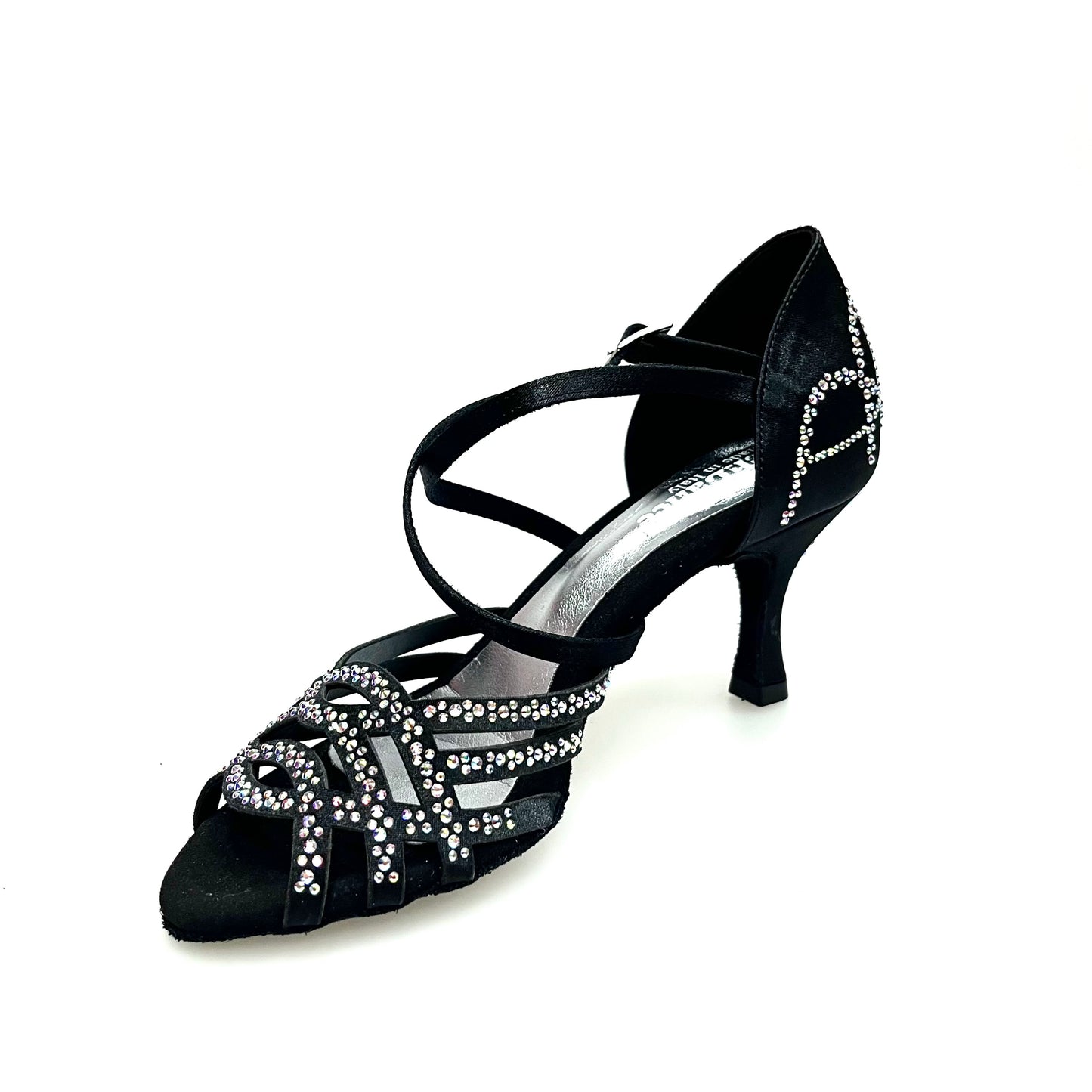 Scarpa da donna Carolin QC Marea L14 in raso seta nero con Swarovski Boreali e tacco slim basso, linea Bi-Flex, Wish Dance Shop