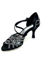 Carica immagine nella Galleria, CAROLIN QC (Marea L14) - Scarpa Da Donna Linea Bi-Flex in Raso Seta Nero Corvino Con Swarovski Boreali e Tacco a Rocchetto/Slim Latino Basso
