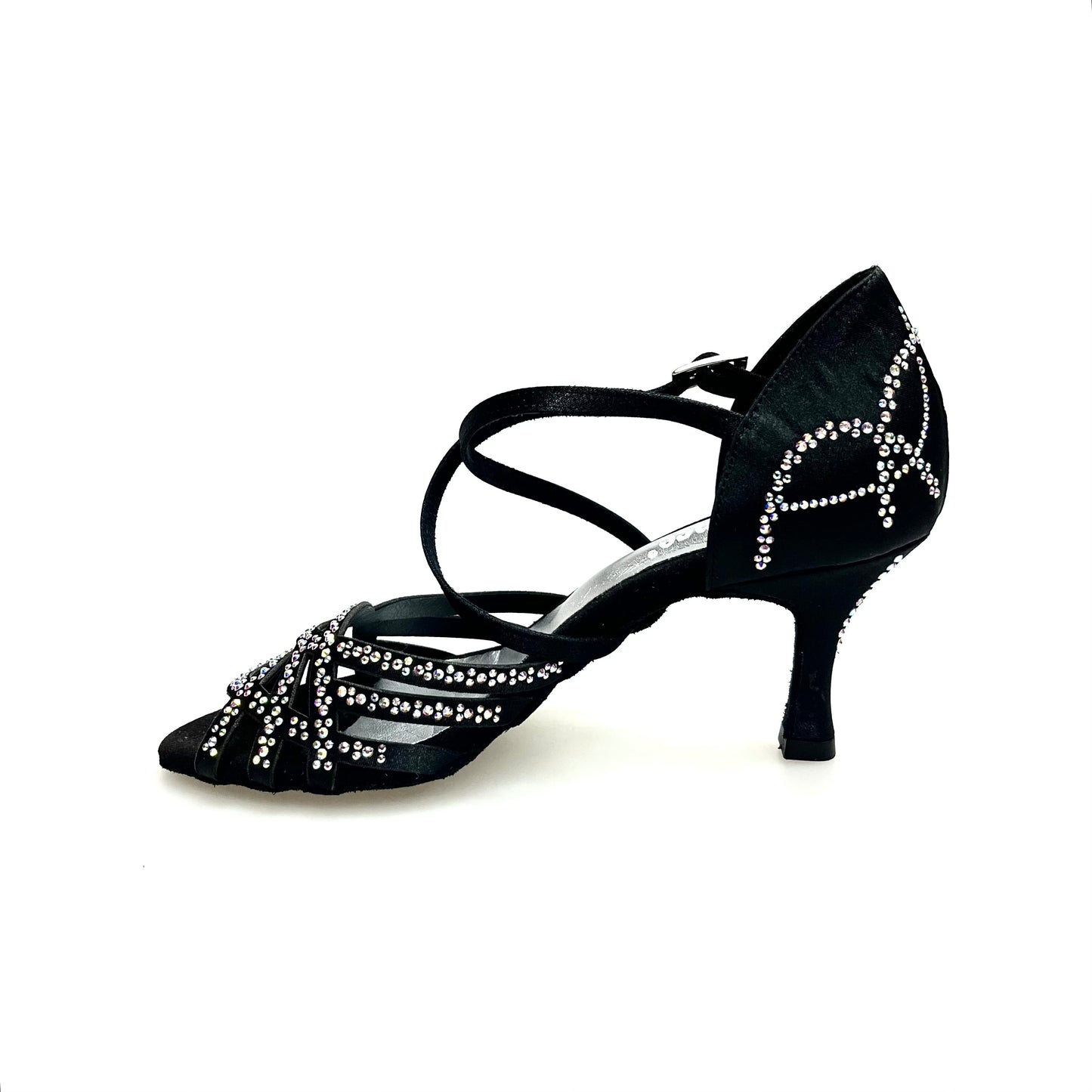 Scarpa da donna Carolin QC Wish Dance Shop in raso seta nero corvino con Swarovski Boreali, tacco a rocchetto basso e linea Bi-Flex