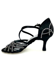 Carica immagine nella Galleria, CAROLIN QC (Marea L14) - Scarpa Da Donna Linea Bi-Flex in Raso Seta Nero Corvino Con Swarovski Boreali e Tacco a Rocchetto/Slim Latino Basso
