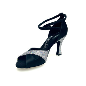 Ely QB (32QB) - Women's Black Satin Silk Satin and Boreal Silver Basic Dance Shoe with Double Ankle Strap