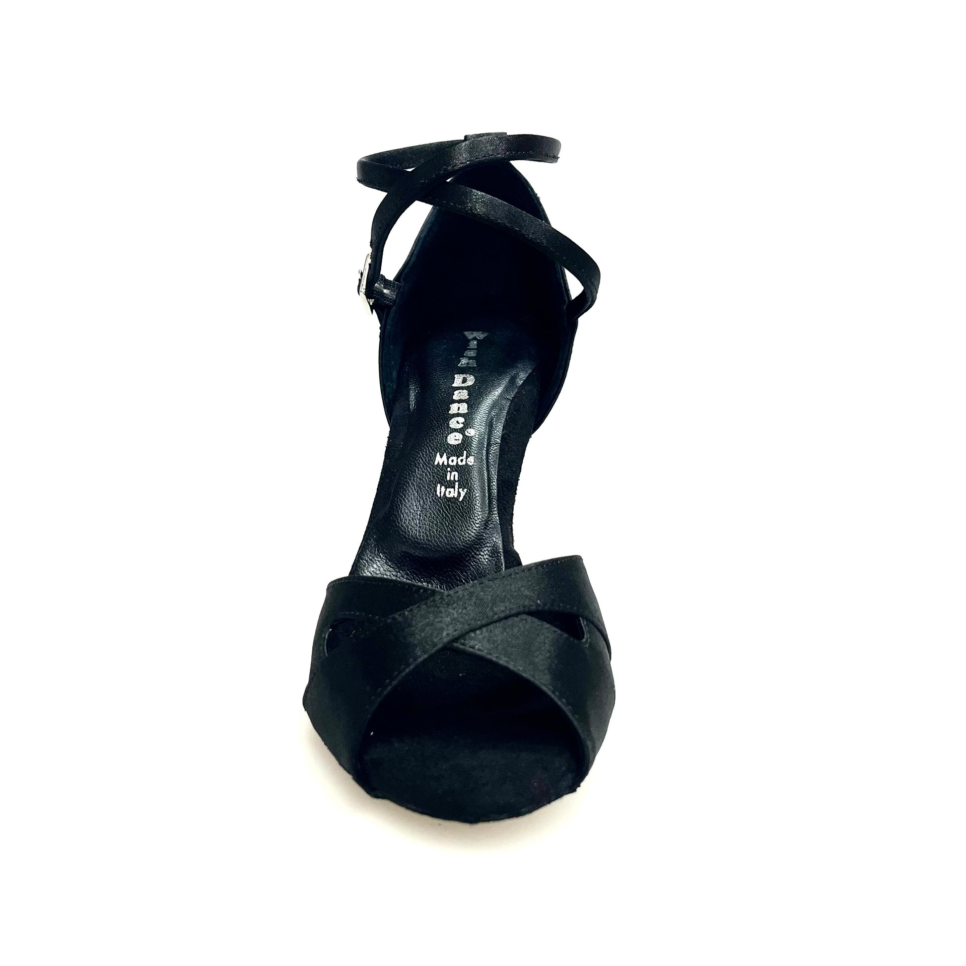 Scarpa da donna Ely QB (32QB) in raso nero con cinturino doppio sulla caviglia e tacco a rocchetto, marca Wish Dance Shop.