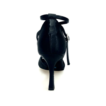 Scarpa da donna Ely QB Wish Dance Shop in raso nero con cinturino doppio alla caviglia e tacco a rocchetto.