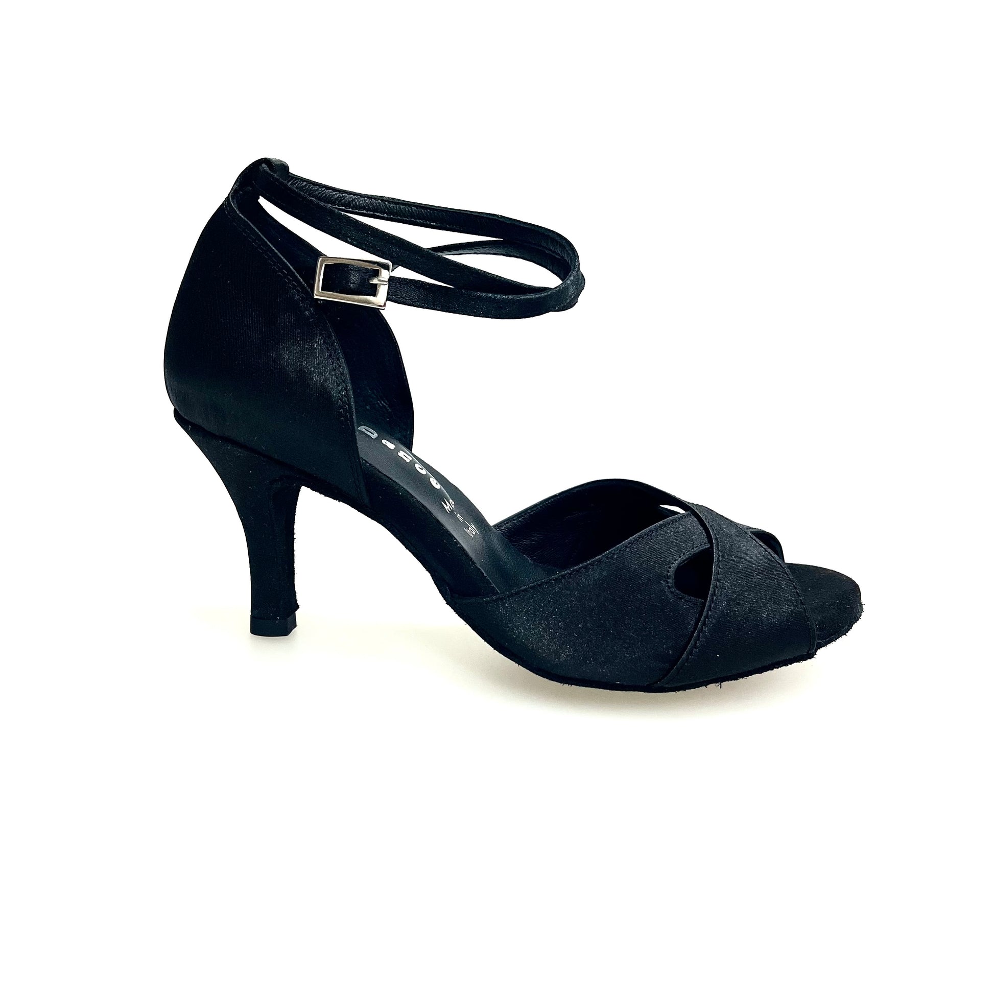 Scarpa da donna Ely QB Wish Dance Shop in raso nero con cinturino doppio alla caviglia e tacco largo a spillo.