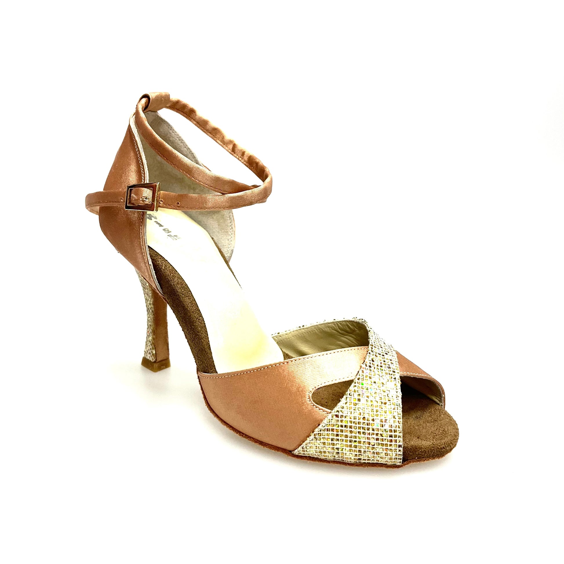 Scarpa Wishdance Ely QB da donna in raso carne e oro con cinturino doppio, tacco rocchetto e dettagli Prisma Boreale Oro.