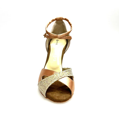 Scarpa Wishdance Ely QB da donna in raso carne e prisma oro con cinturino doppio e tacco rocchetto, dettagli eleganti.