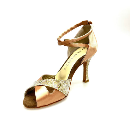 Scarpa Wishdance Ely QB (32QB) da donna in raso carne e prisma oro con cinturino doppio e tacco rocchettino, dettaglio elegante.