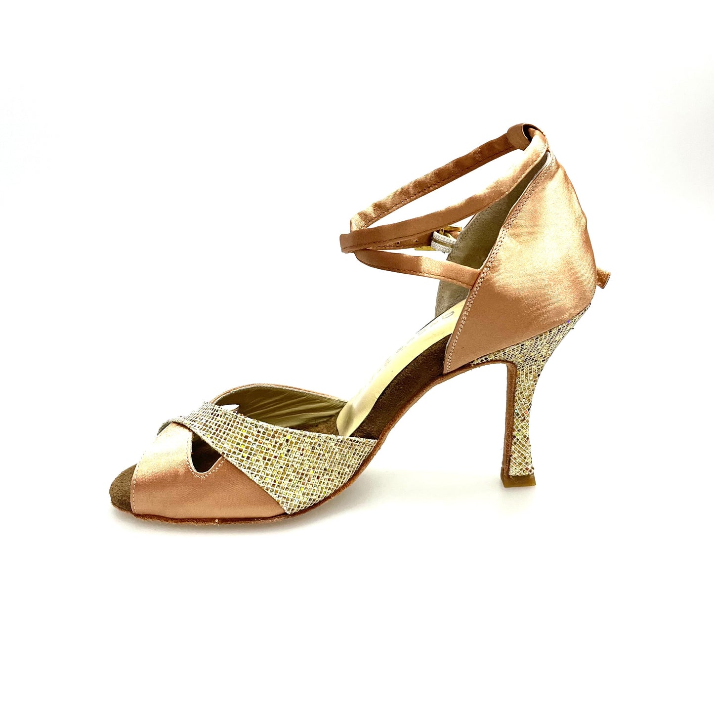 Scarpa Wishdance Ely QB donna in raso carne e prisma oro con cinturino doppio alla caviglia e tacco rocchetto.