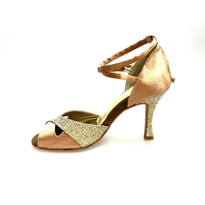 Scarpa Wishdance Ely QB donna in raso carne e prisma oro con cinturino doppio alla caviglia e tacco rocchetto.
