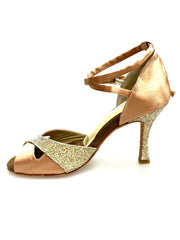 Carica immagine nella Galleria, Ely QB (32QB) - Scarpa Basica da Donna in Raso Carne e Prisma Boreale Oro con Cinturino Doppio sulla Caviglia e Tacco Rocchettino
