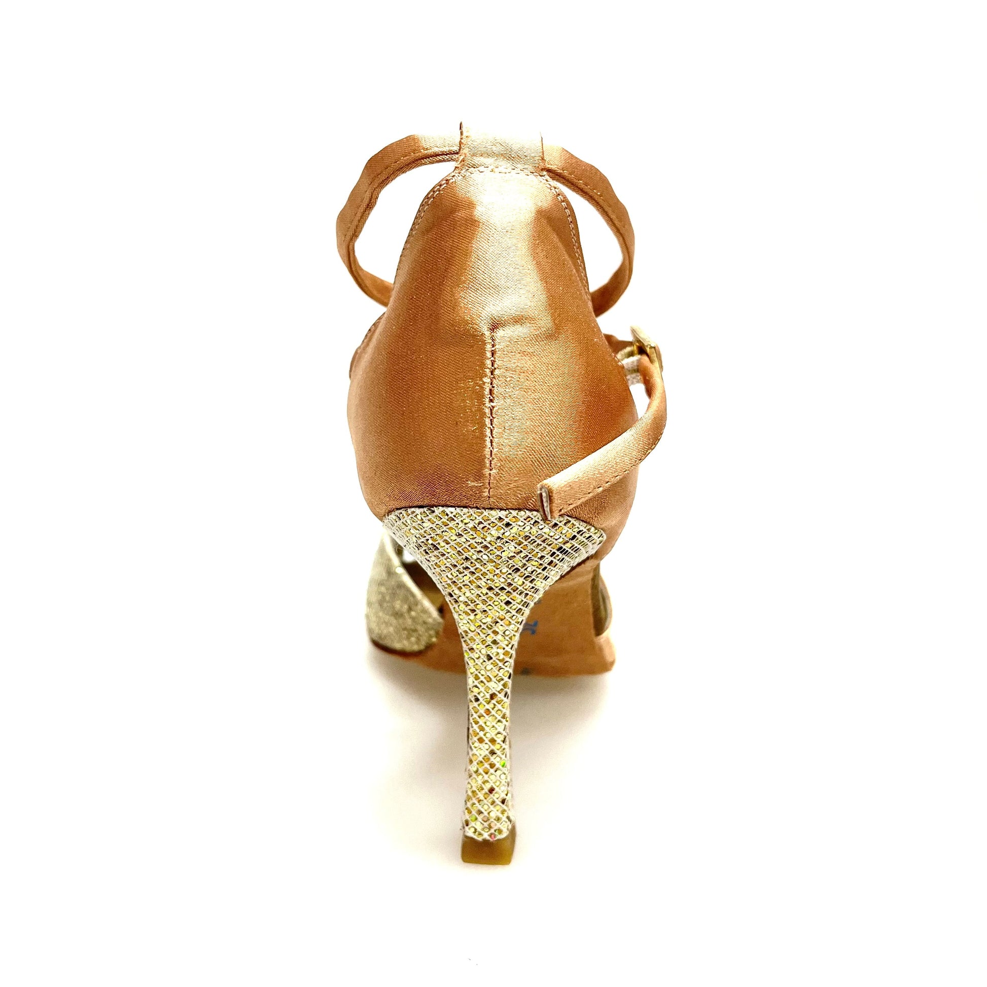 Scarpa Wishdance Ely QB da donna in raso carne e prisma oro con cinturino doppio alla caviglia e tacco rocchetto.