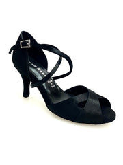 Load image into Gallery viewer, Ely QC (32QC) - Women&#39;s Basic Shoe in Black Satin with memorex Cushion and Crossed Strap on the Foot Neck
