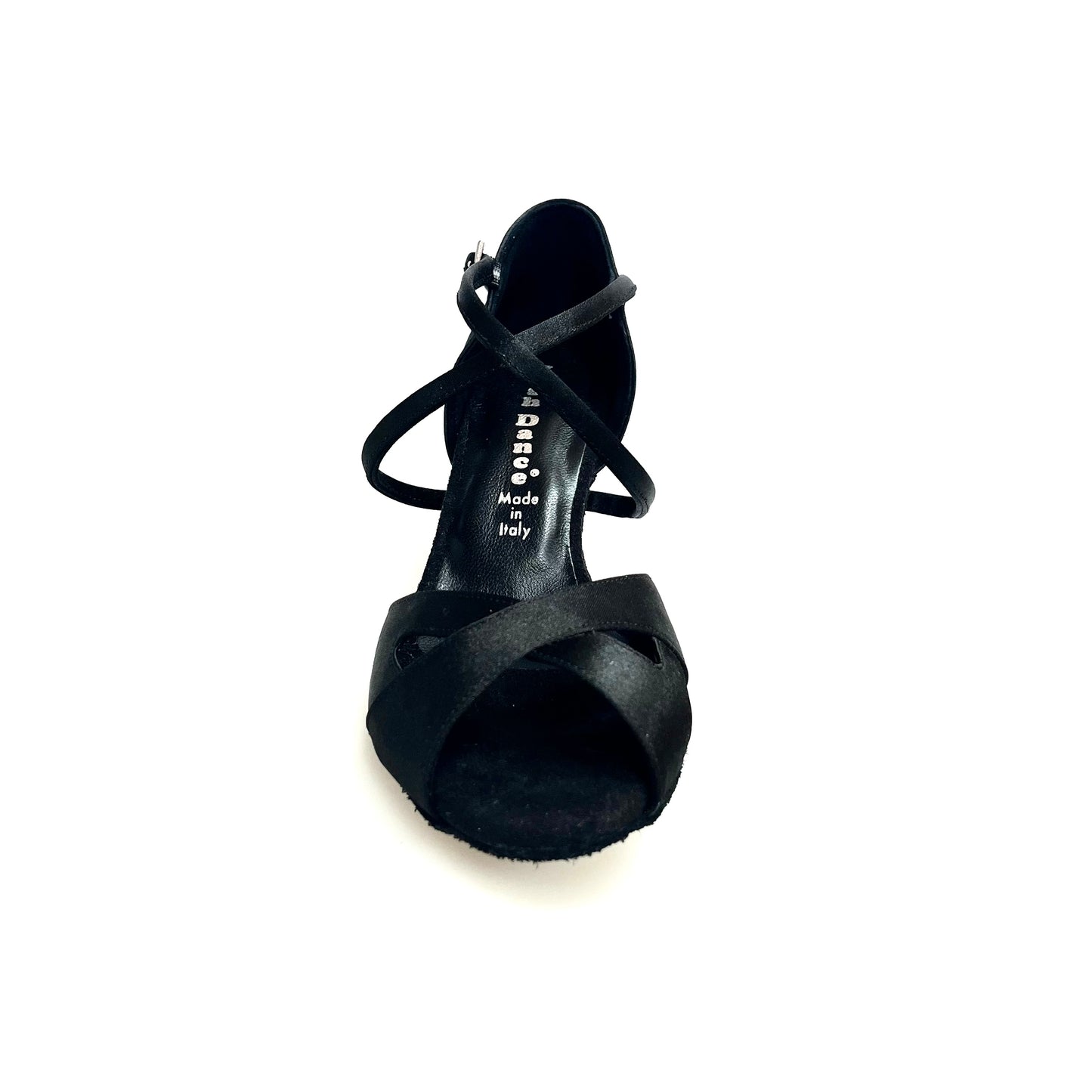 Scarpa Wishdance Ely QC da donna in raso nero con cinturino incrociato, tacco largo e cuscino memorex, vista frontale.