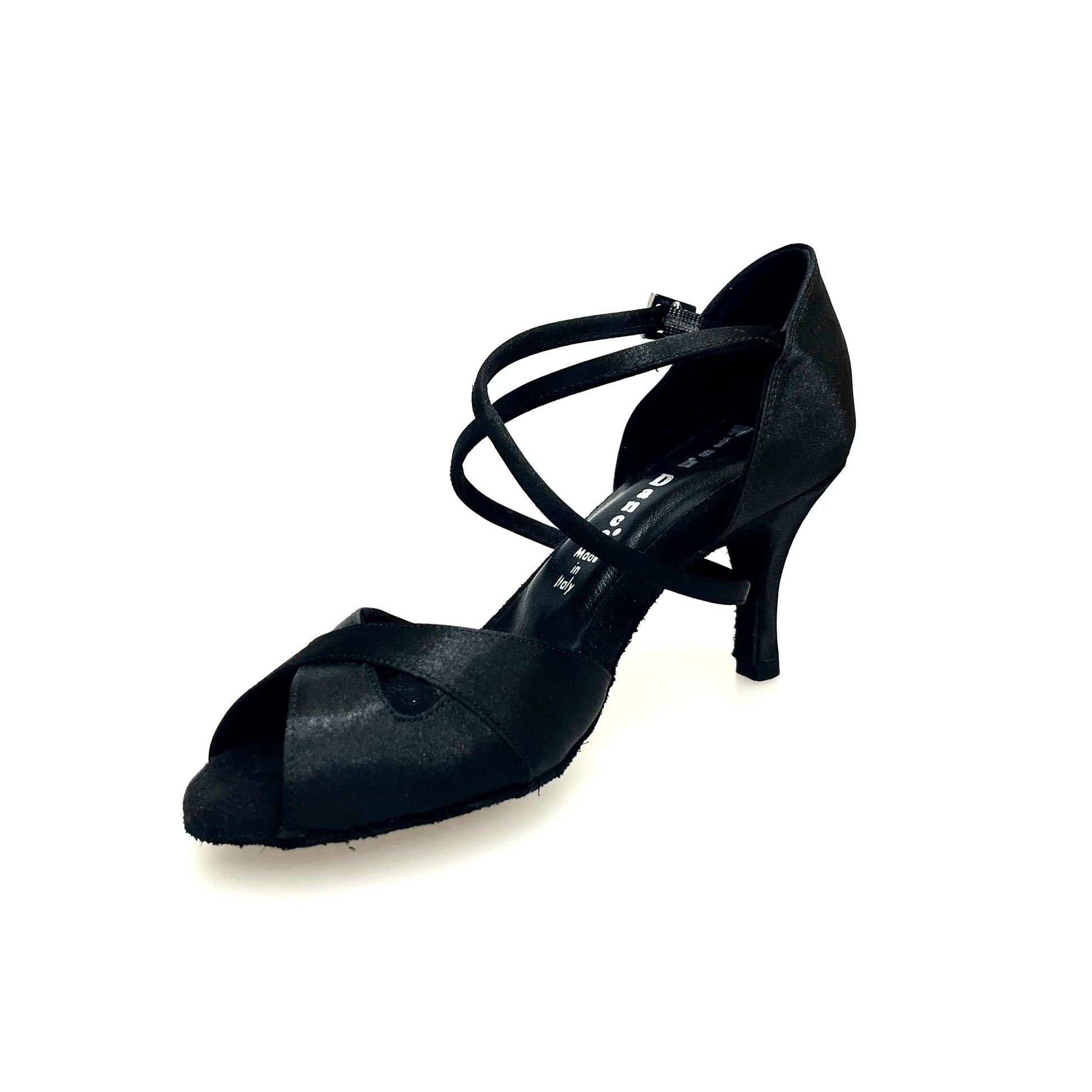 Scarpa Wishdance Ely QC donna in raso nero con cinturino incrociato, tacco largo e cuscino memorex, dettaglio del design elegante.