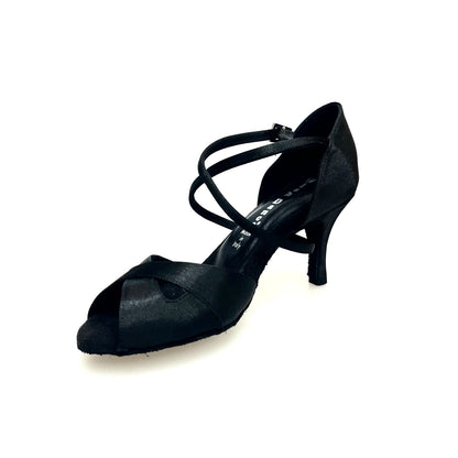 Scarpa Wishdance Ely QC donna in raso nero con cinturino incrociato, tacco largo e cuscino memorex, dettaglio del design elegante.
