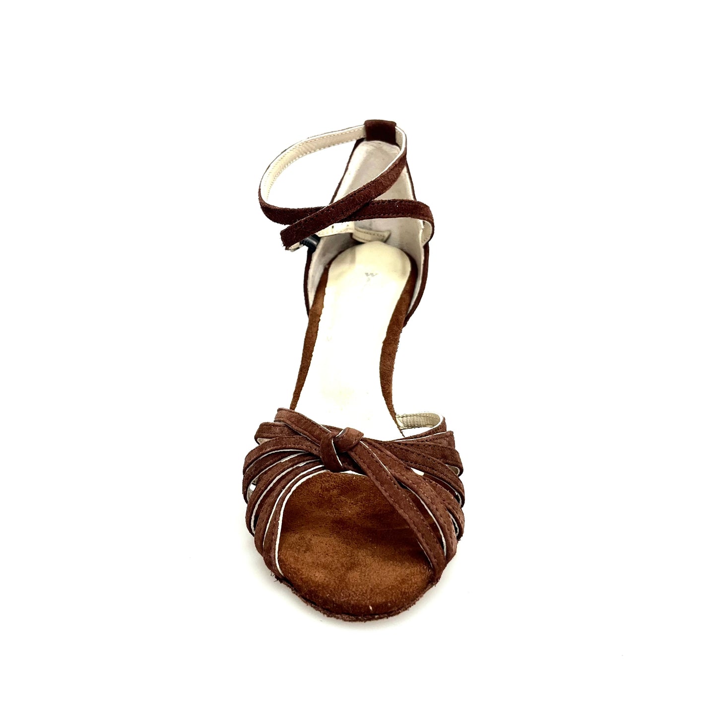 Scarpa da ballo Wish Dance Patty QB in camoscio marrone con nodo, tacco a rocchetto, modello base per donna, immagine frontale