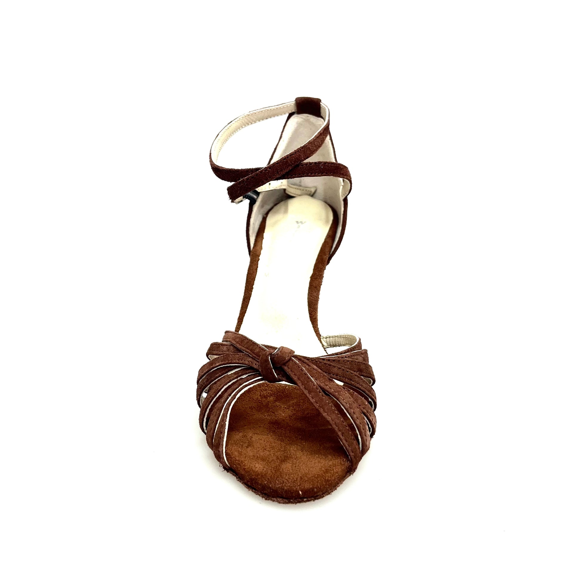 Scarpa da ballo Wish Dance Patty QB in camoscio marrone con nodo, tacco a rocchetto, modello base per donna, immagine frontale