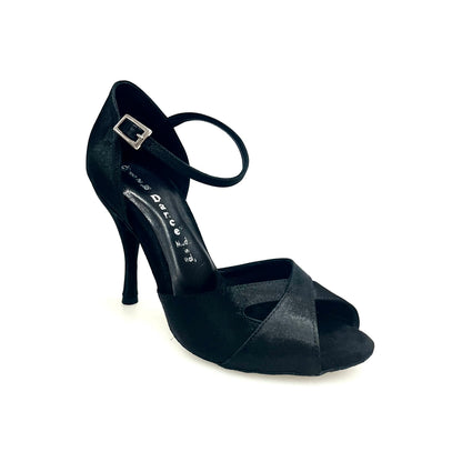 Scarpa da ballo Wishdance Ely QA (32QA B) in raso nero con cinturino singolo e tacco spillo, ideale per ballo da donna