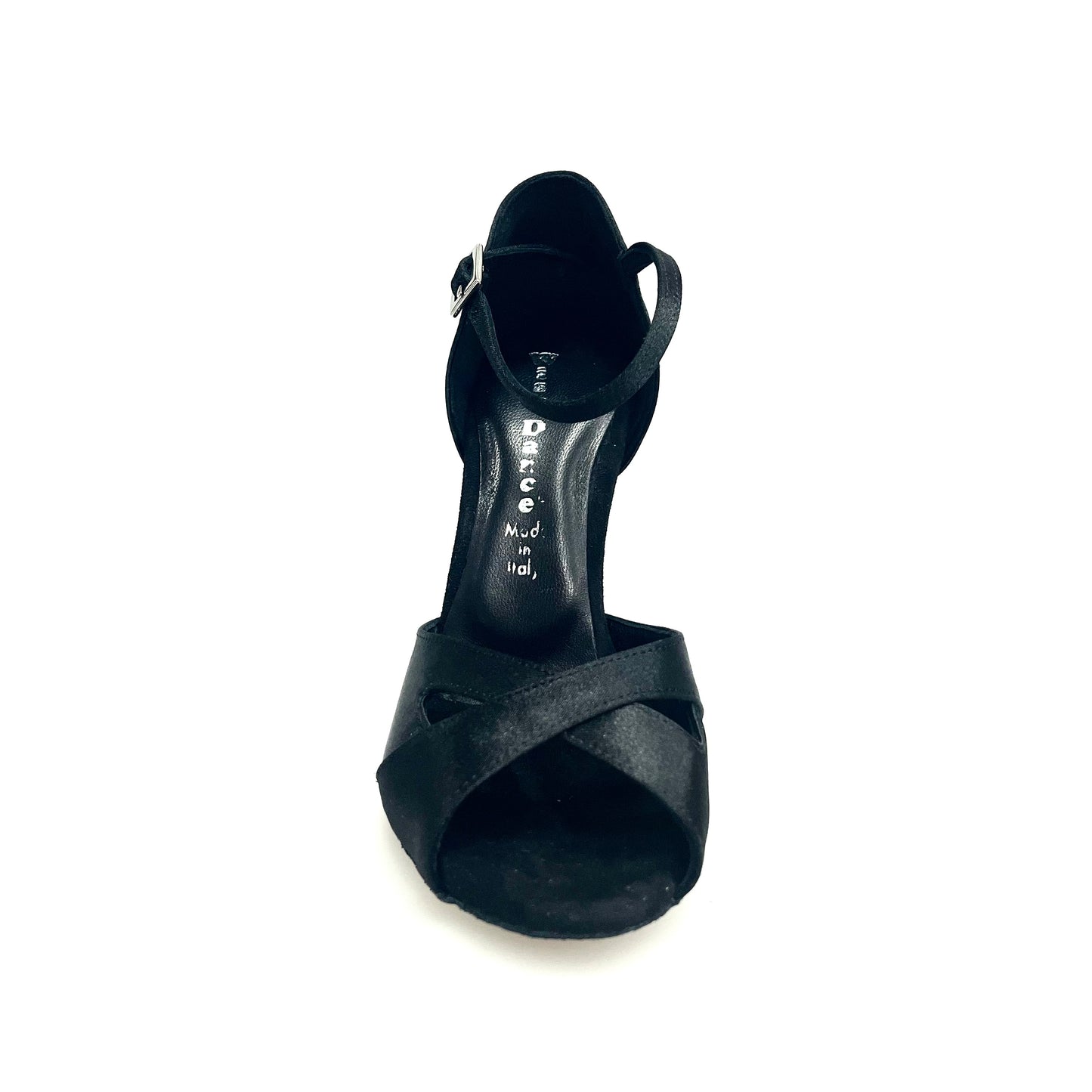 Scarpa da ballo Wishdance Ely QA 32QA B in raso nero con cinturino singolo e tacco spillo, ideale per danze eleganti.