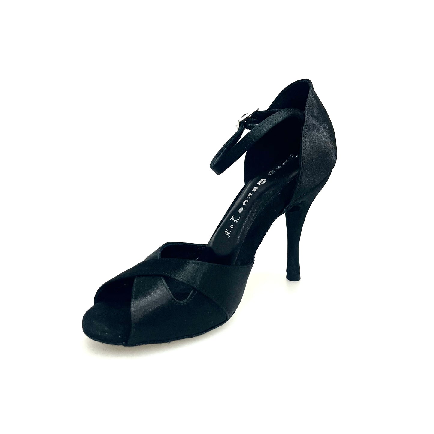 Scarpa da ballo Wishdance Ely QA 32QA B in raso nero con cinturino singolo e tacco spillo, elegante e comoda per danzare.