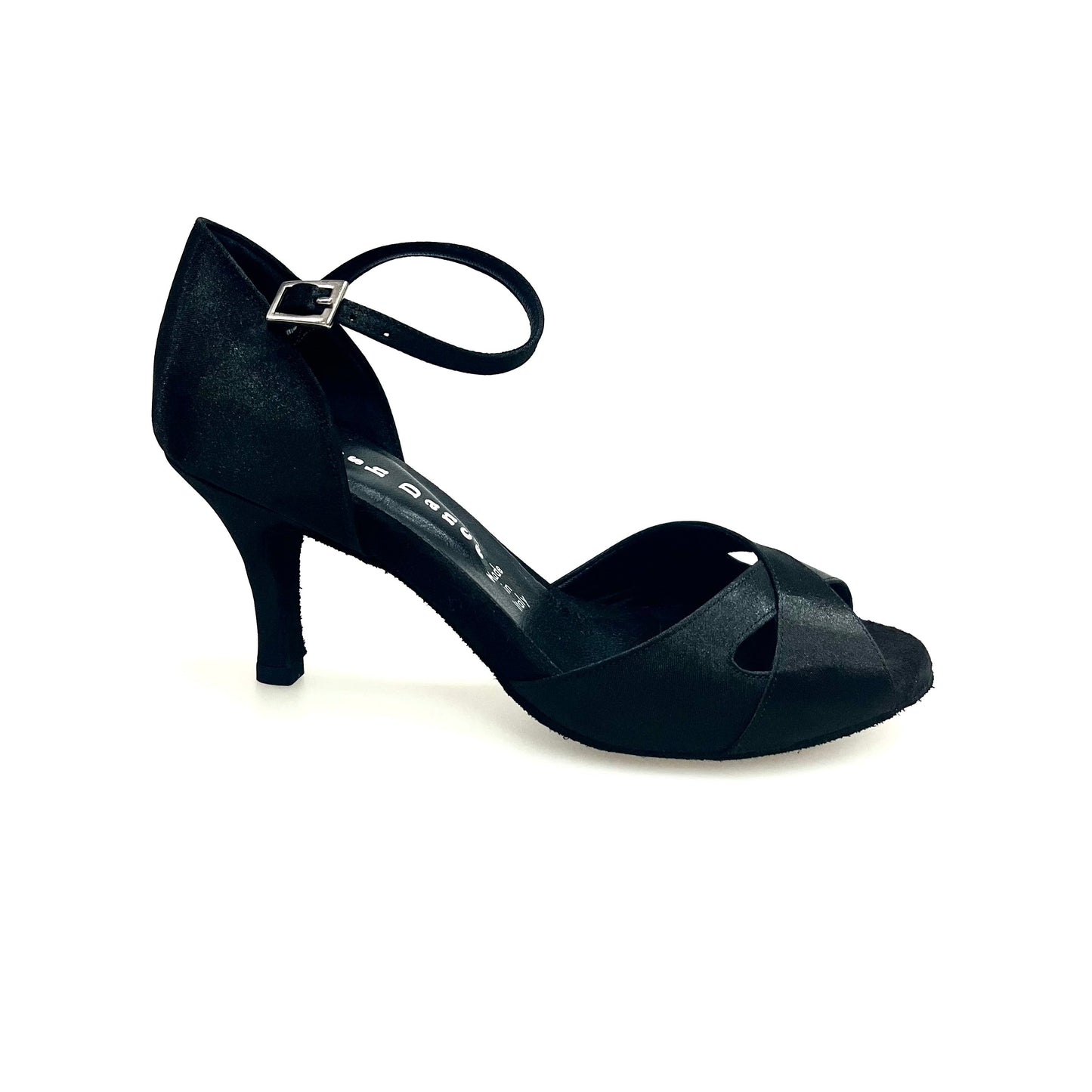 Scarpa da ballo Wishdance Ely QA 32QA B in raso nero con cinturino singolo e tacco stiletto, elegante e confortevole.