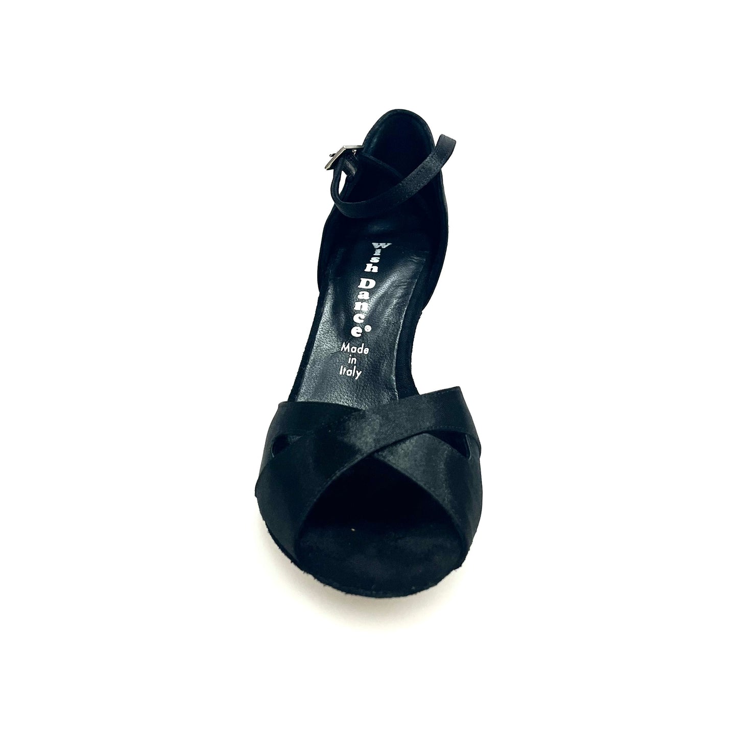 Scarpa da ballo Wishdance Ely QA in raso nero con cinturino singolo e tacco stiletto, elegante e leggera per donne.