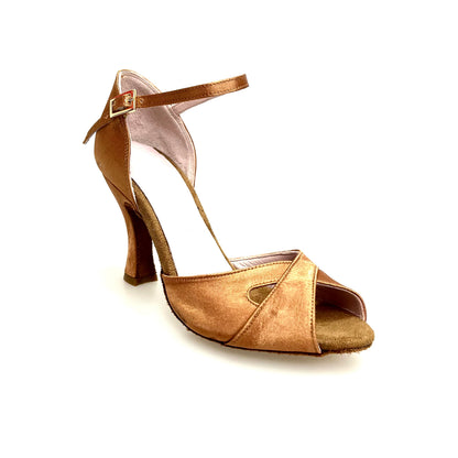 Scarpa da donna Ely QA Wishdance in raso bronzo con cinturino alla caviglia e tacco rocchetto, vista frontale.