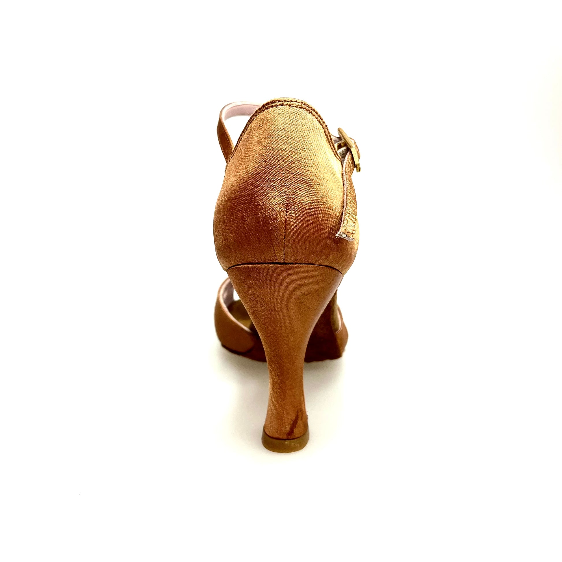 Scarpa basic donna Ely QA Wishdance in raso bronzo con cinturino alla caviglia e tacco rocchetto, vista laterale.