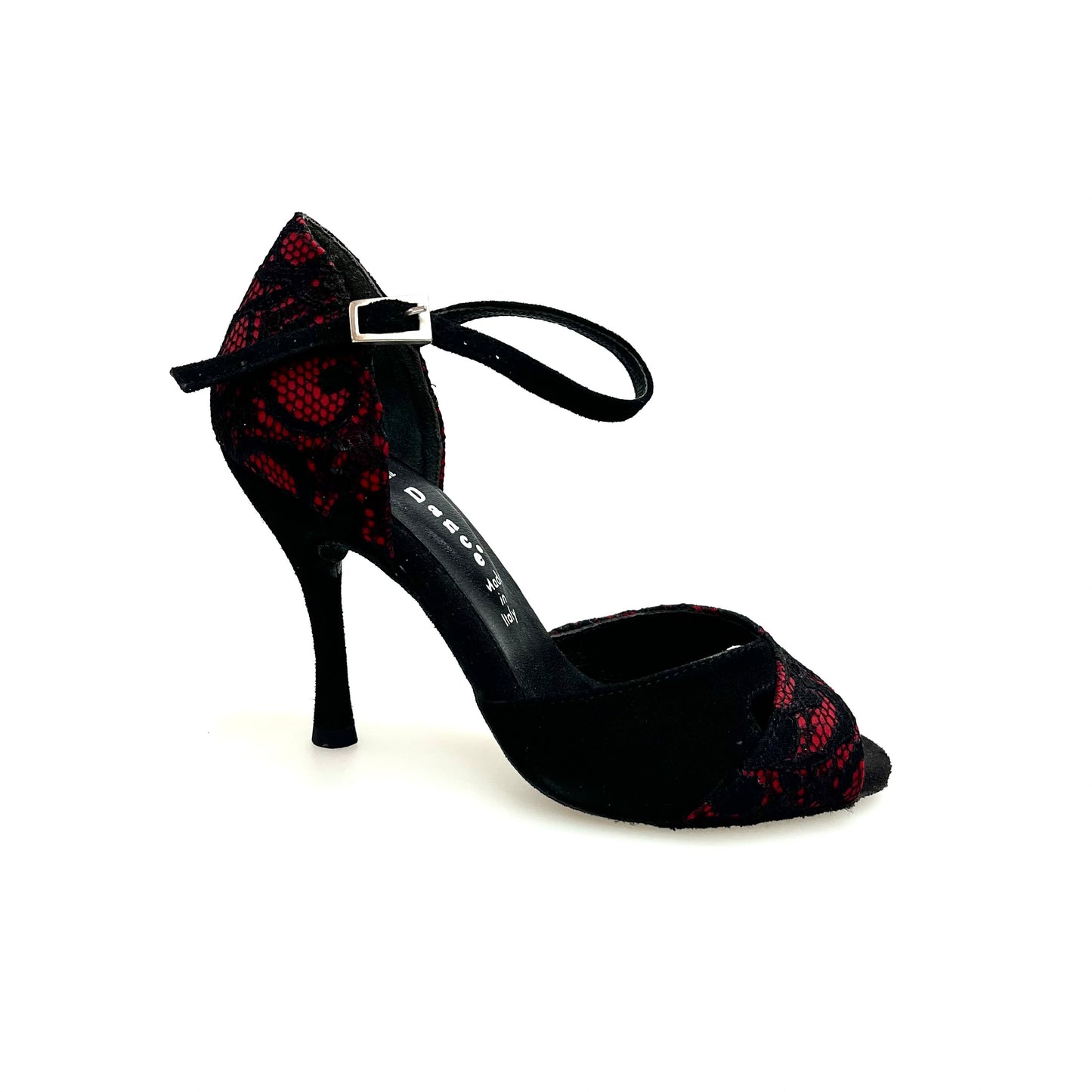 Scarpa da donna Ely QA Wishdance in pizzo fiore nero con base in raso rosso e camoscio nero, dettagli eleganti e femminili