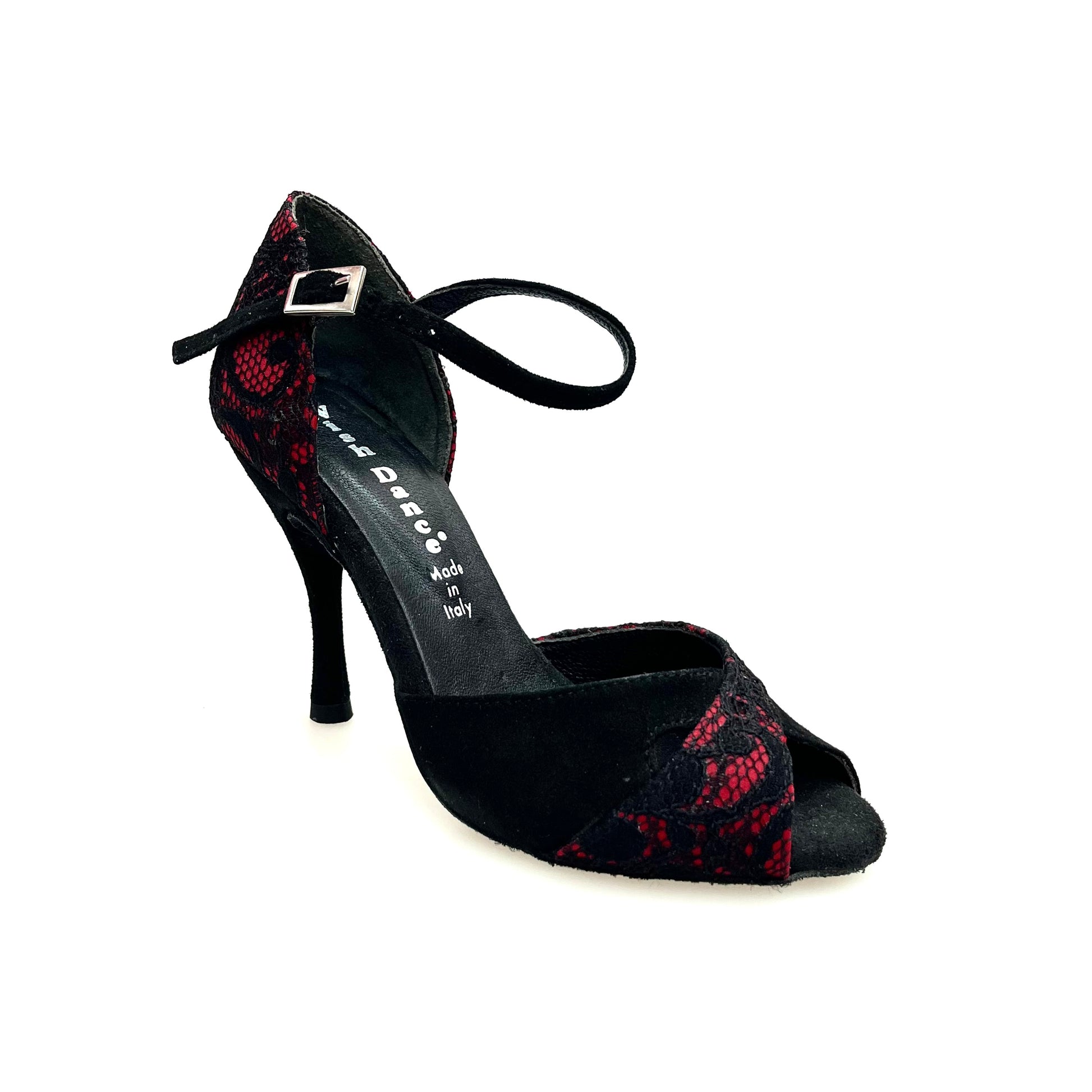 Scarpa da donna Wishdance Ely QA in pizzo fiore nero con base in raso rosso e camoscio nero, elegante e femminile.