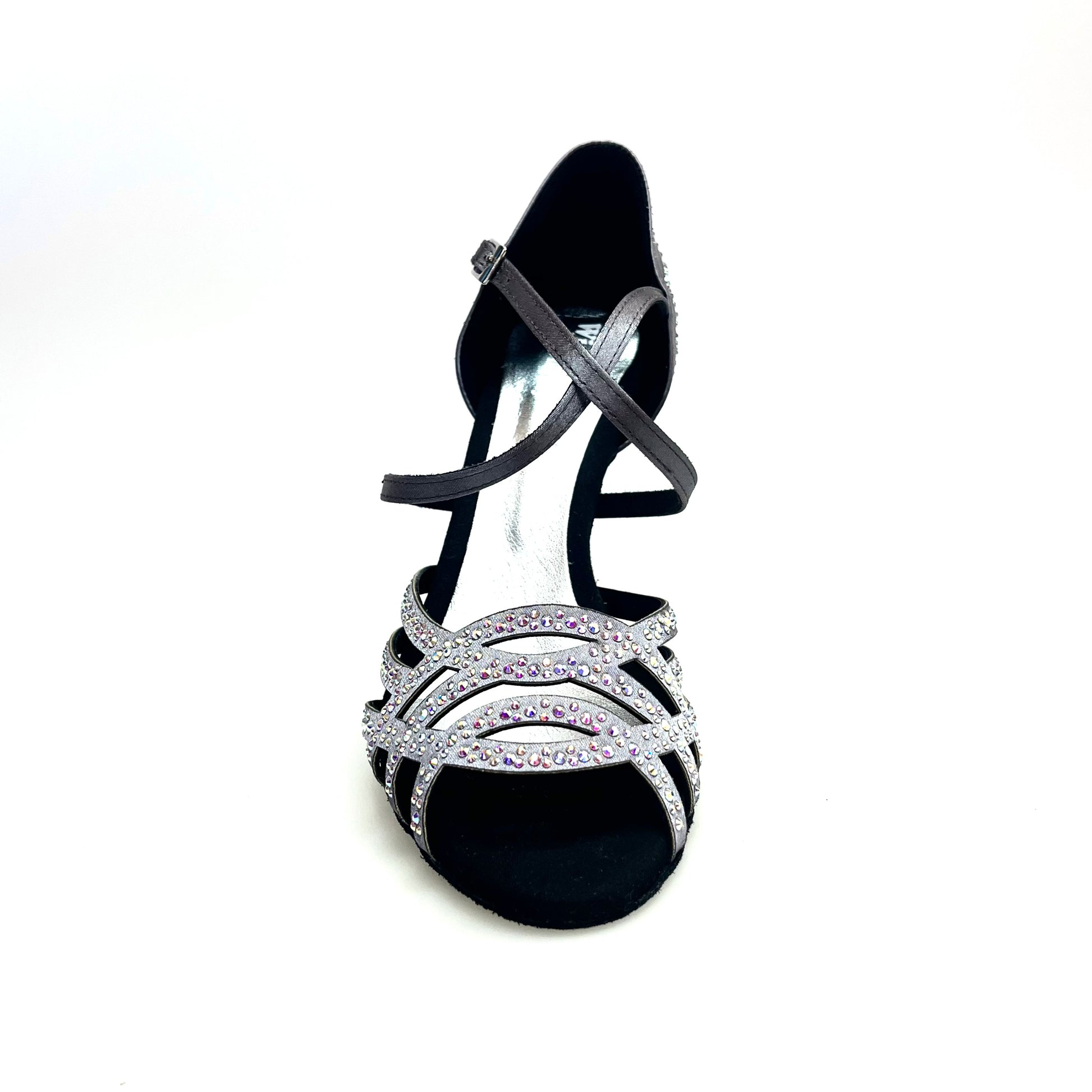 Scarpa da donna Carolin QC Wish Dance Shop in raso seta grigio canna di fucile con Swarovski Boreali e tacco a rocchetto alto