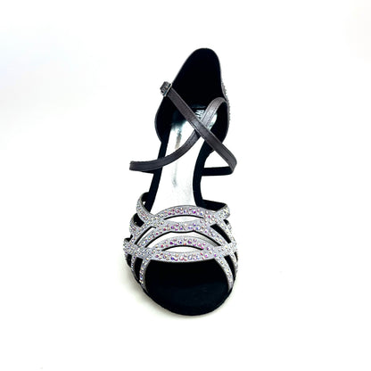 Scarpa da donna Carolin QC Wish Dance Shop in raso seta grigio canna di fucile con Swarovski Boreali e tacco a rocchetto alto