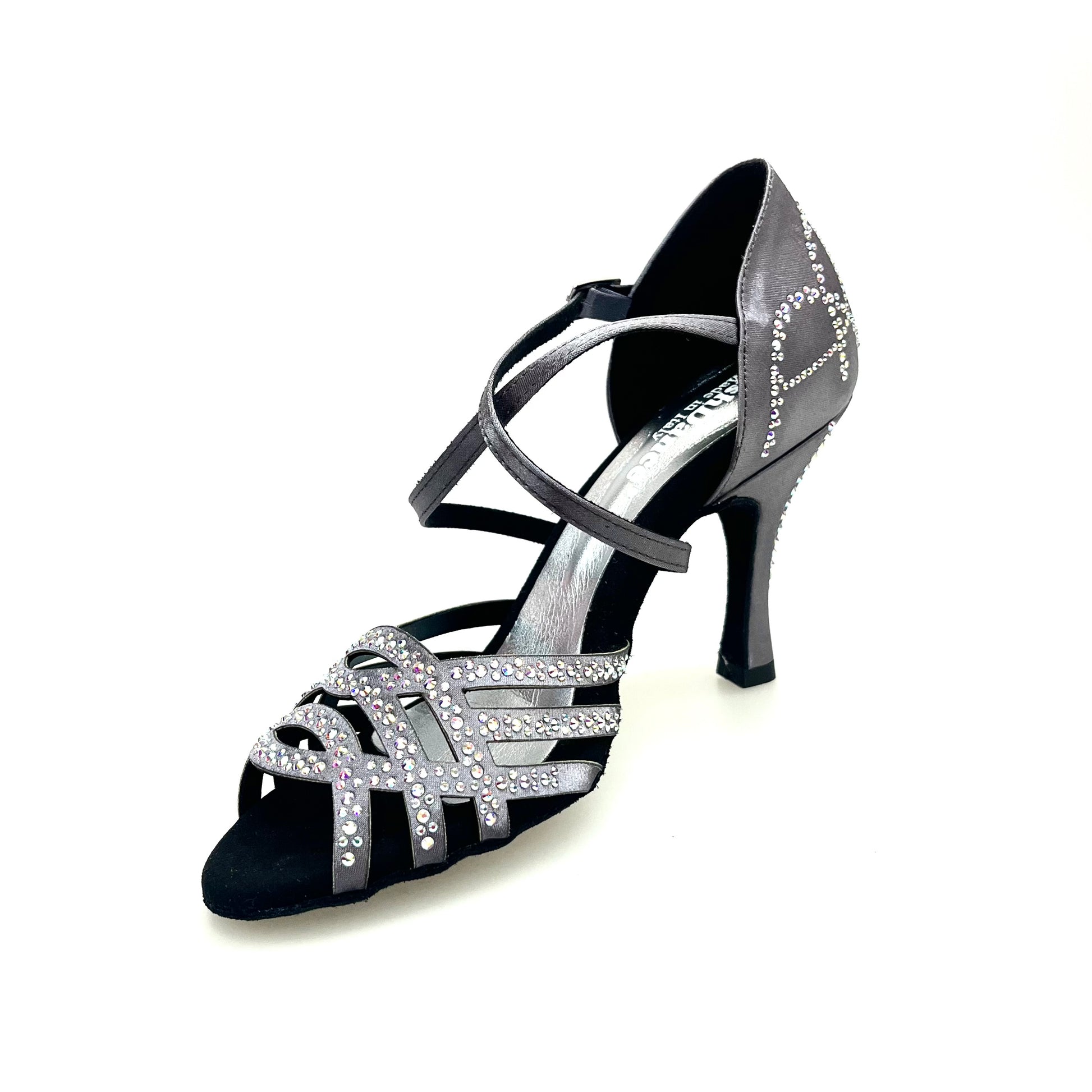 Scarpa da donna Carolin QC Wish Dance Shop in raso seta grigio canna di fucile con Swarovski boreali e tacco a rocchetto alto
