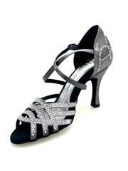 Carica immagine nella Galleria, CAROLIN QC (Marea L14) - Scarpa Da Donna in Raso Seta Grigio Canna di Fucile Con Swarovski Boreali e Tacco a Rocchetto/Slim Latino Alto
