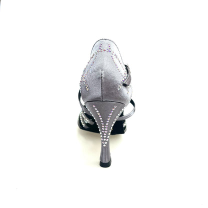 Scarpa da donna Carolin QC Wish Dance Shop in raso seta grigio canna di fucile con Swarovski Boreali e tacco a rocchetto alto