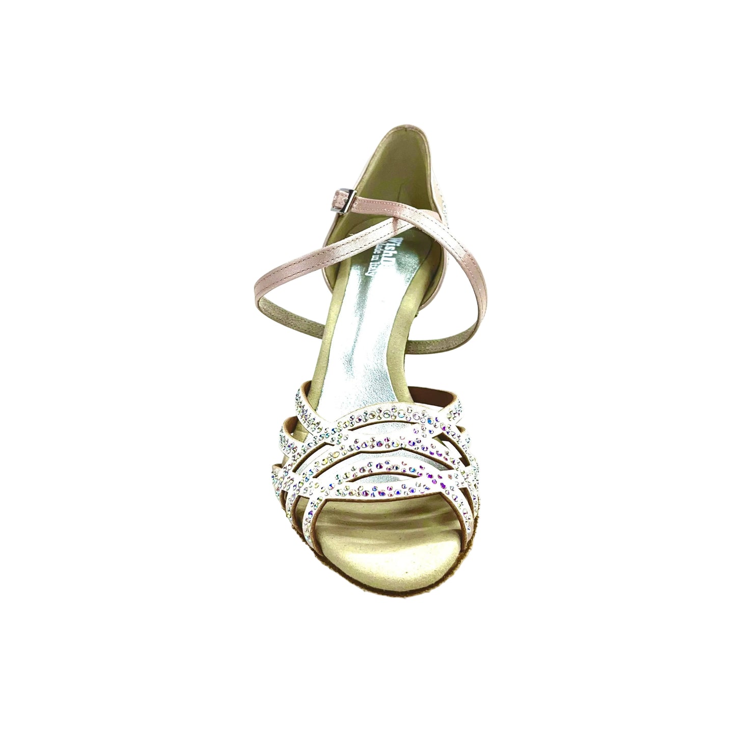 Scarpa da donna Carolin QC Wish Dance Shop in raso seta cipria rosé con Swarovski boreali e tacco a rocchetto alto