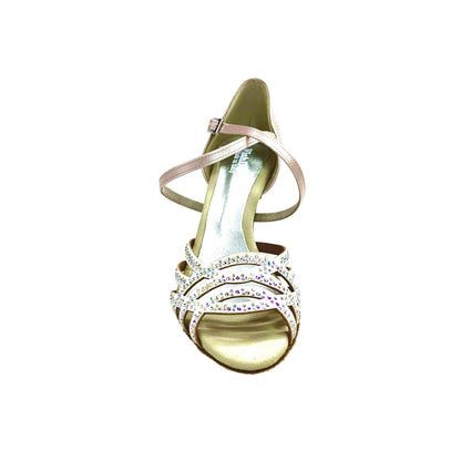 Scarpa da donna Carolin QC Wish Dance Shop in raso seta cipria rosé con Swarovski boreali e tacco a rocchetto alto