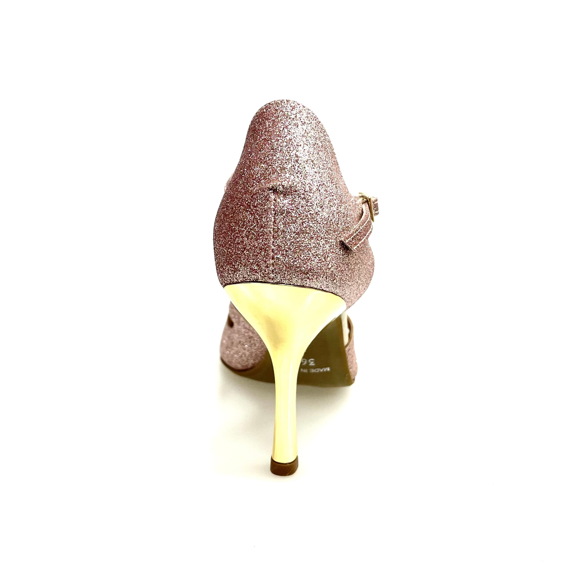 Scarpa da ballo in glitter sabbia DADA Diamond (L5) con tacco a stiletto, in dettaglio, marca Wish Dance Shop.