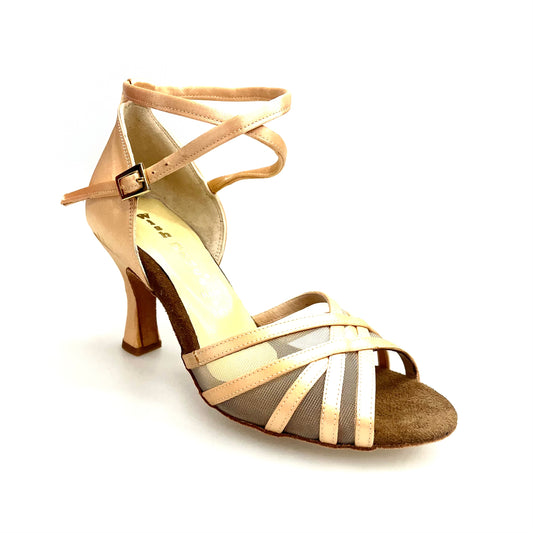 Scarpa da donna Lorena QB in raso seta carne con retina, cinturino doppio sulla caviglia e tacco a rocchetto, Wish Dance Shop