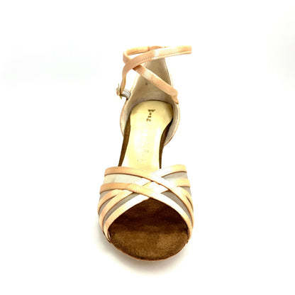 Scarpa da donna Lorena QB Wish Dance Shop in raso seta carne con retina, cinturino doppio e tacco a rocchetto.