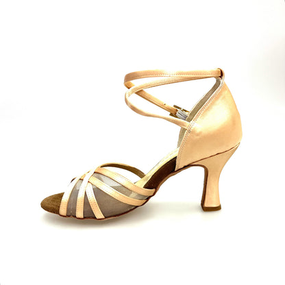 Scarpa basic donna Lorena QB Wish Dance Shop in raso seta carne con retina, cinturino doppio e tacco a rocchetto