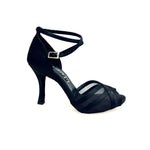 Carica immagine nella Galleria, Melany QB (45R QB) - Scarpa Basica da donna in Raso Nero con Retina e Cinturino Doppio sulla Caviglia con Tacco Rocchettino
