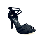 Carica immagine nella Galleria, Melany QB (45R QB) - Scarpa Basica da donna in Raso Nero con Retina e Cinturino Doppio sulla Caviglia con Tacco Rocchettino
