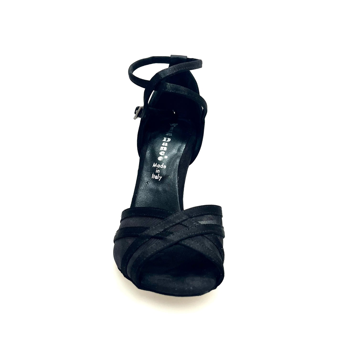 Scarpa donna Wishdance Melany QB in raso nero con retina, cinturino doppio sulla caviglia e tacco rocchettino elegante.